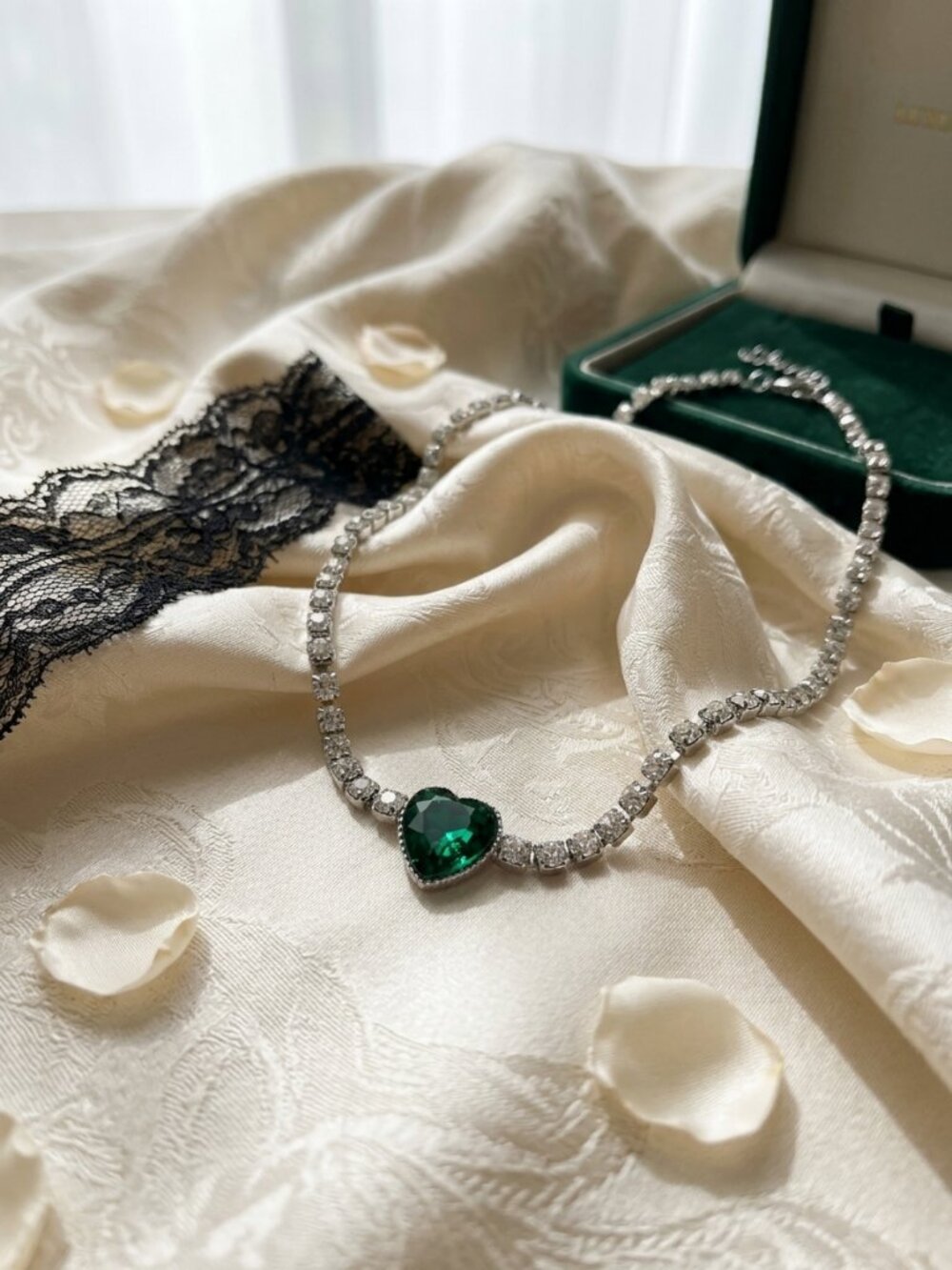 green necklace silver floral cute